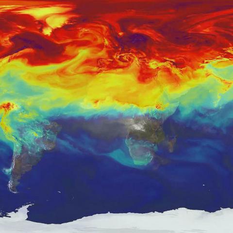 Flat map of the world showing concentration of carbon dioxide in the atmosphere, indicating especially hot spots in the Arctic and northern regions.