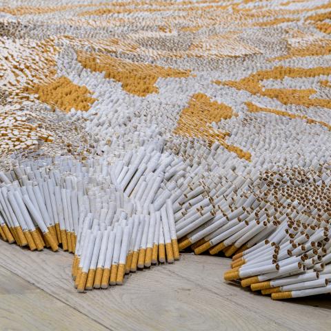 A detailed shot of Xu Bing's "1st Class," which uses cigarettes to mimic a tiger-skin rug.